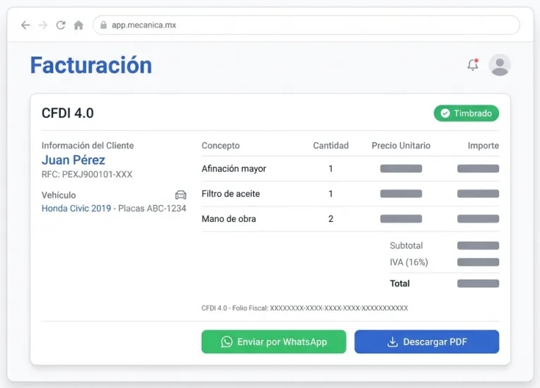 Captura de Facturación CFDI 4.0 en Mecánica MX — software para talleres mecánicos
