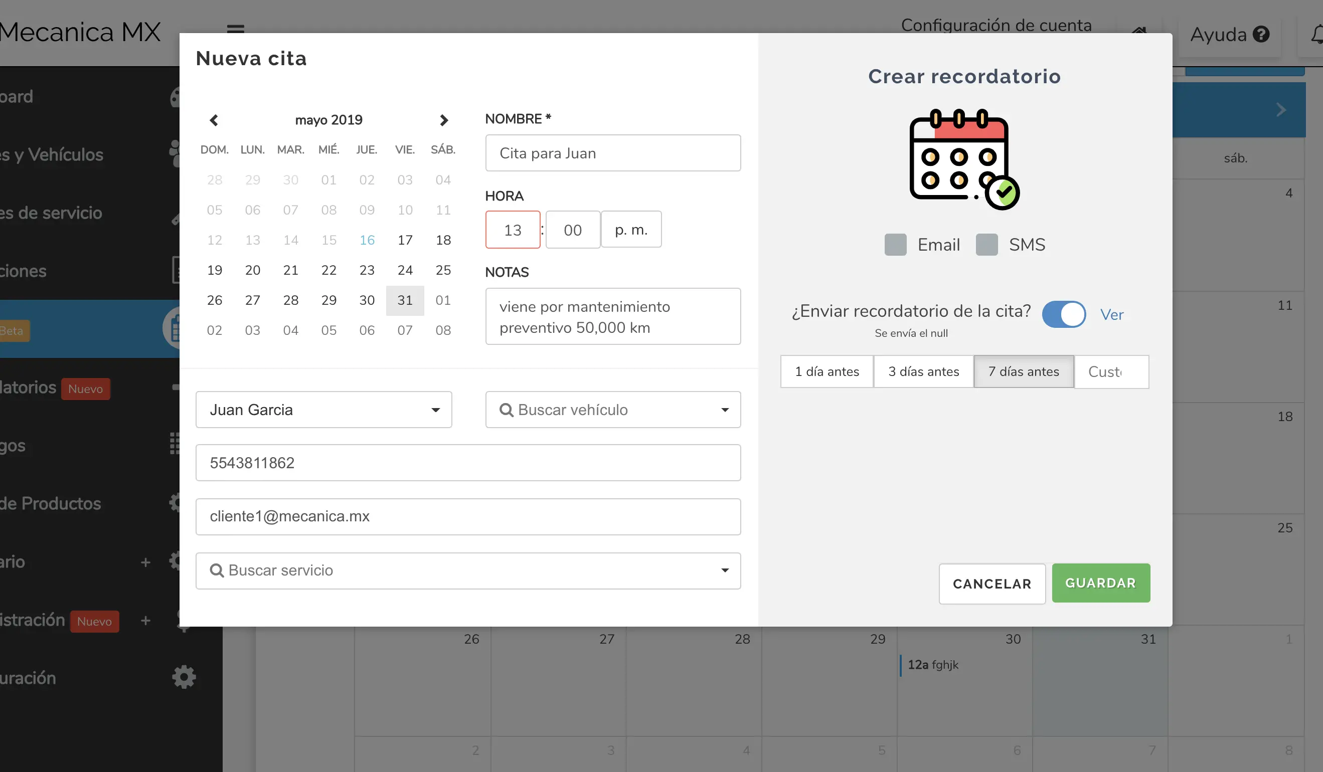 Sistema de citas y recordatorios de servicio con sugerencias por kilometraje en Mecanica MX