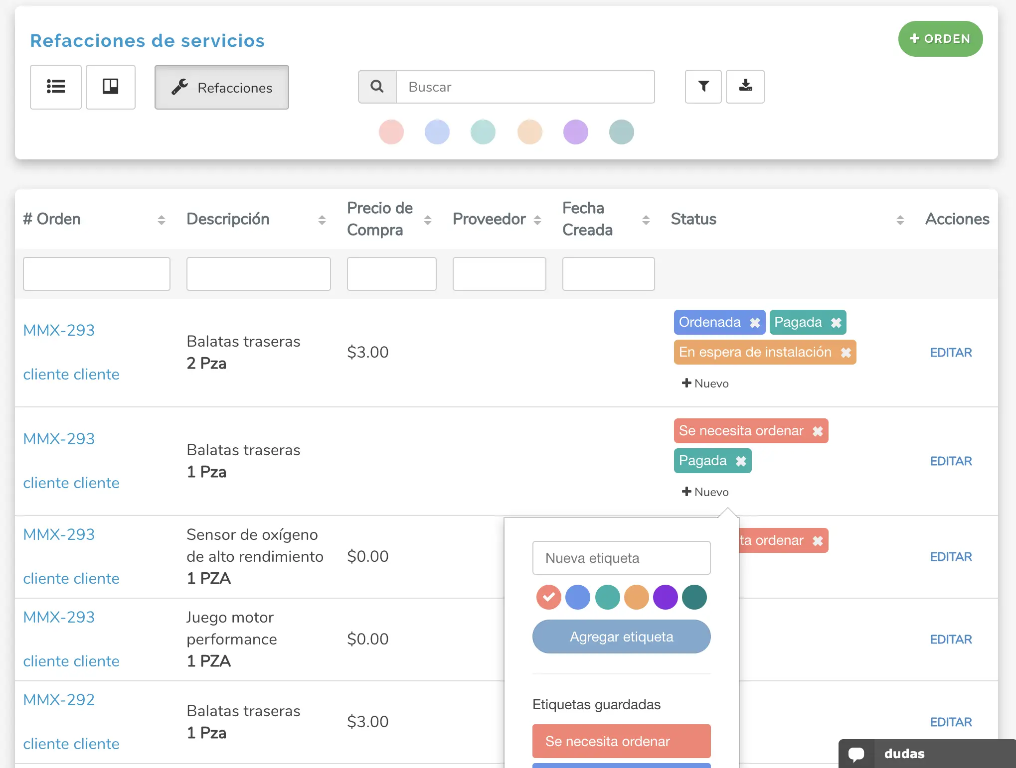 Control de inventario y hoja de refacciones para servicios en Mecanica MX